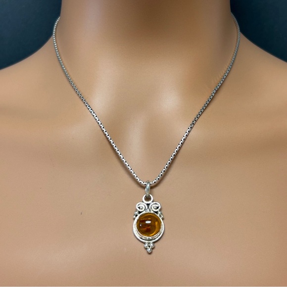 925 Metal-Smiths Chain & Genuine Amber Stone Pendant Necklace - Picture 1 of 8